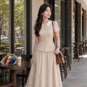 Sét áo peplum & chân váy dài be