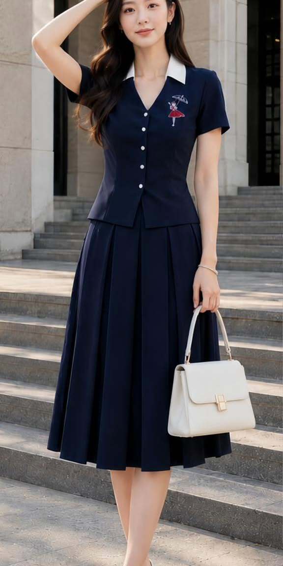 Sét polo navy & chân váy xếp ly