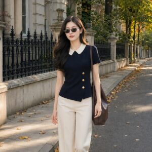 Áo navy vạt chéo & quần kem