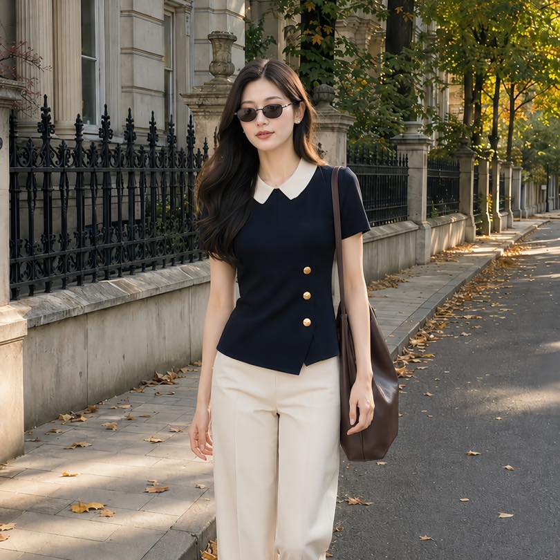 Áo navy vạt chéo & quần kem