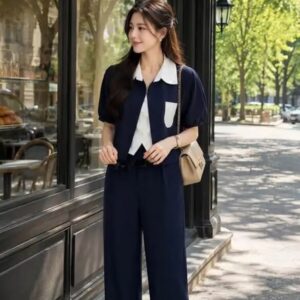 Sét quần ống rộng phối cổ trắng
