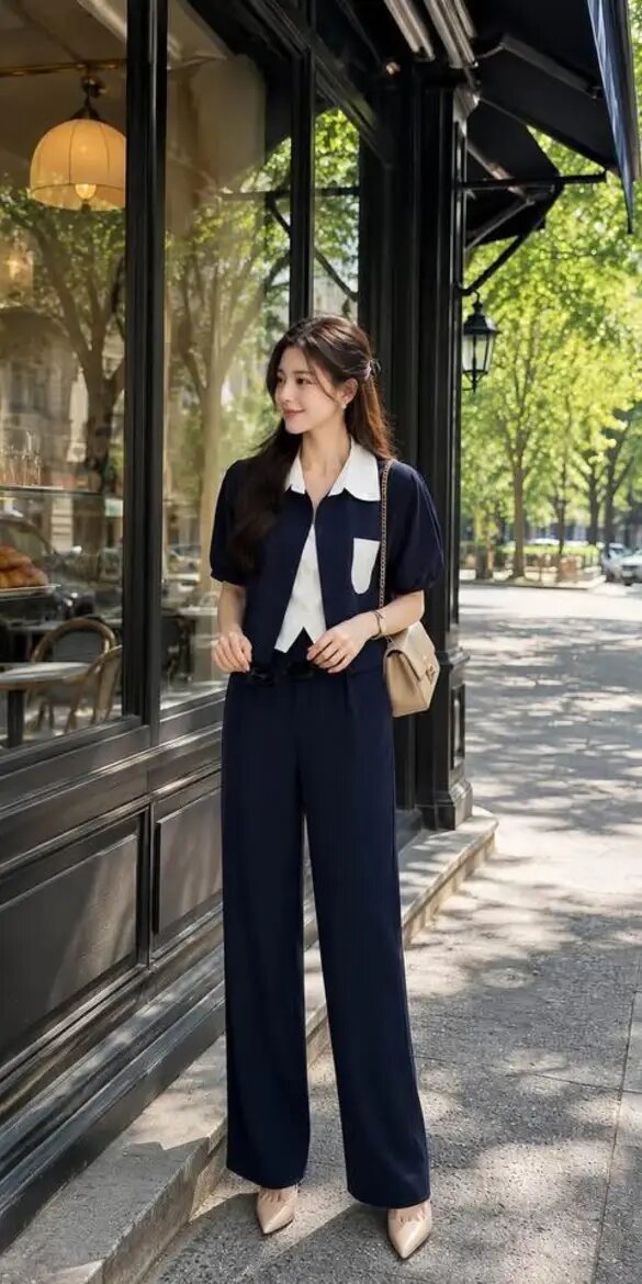 Sét quần ống rộng phối cổ trắng
