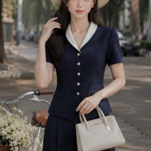 Sét áo cổ sen trắng & quần navy