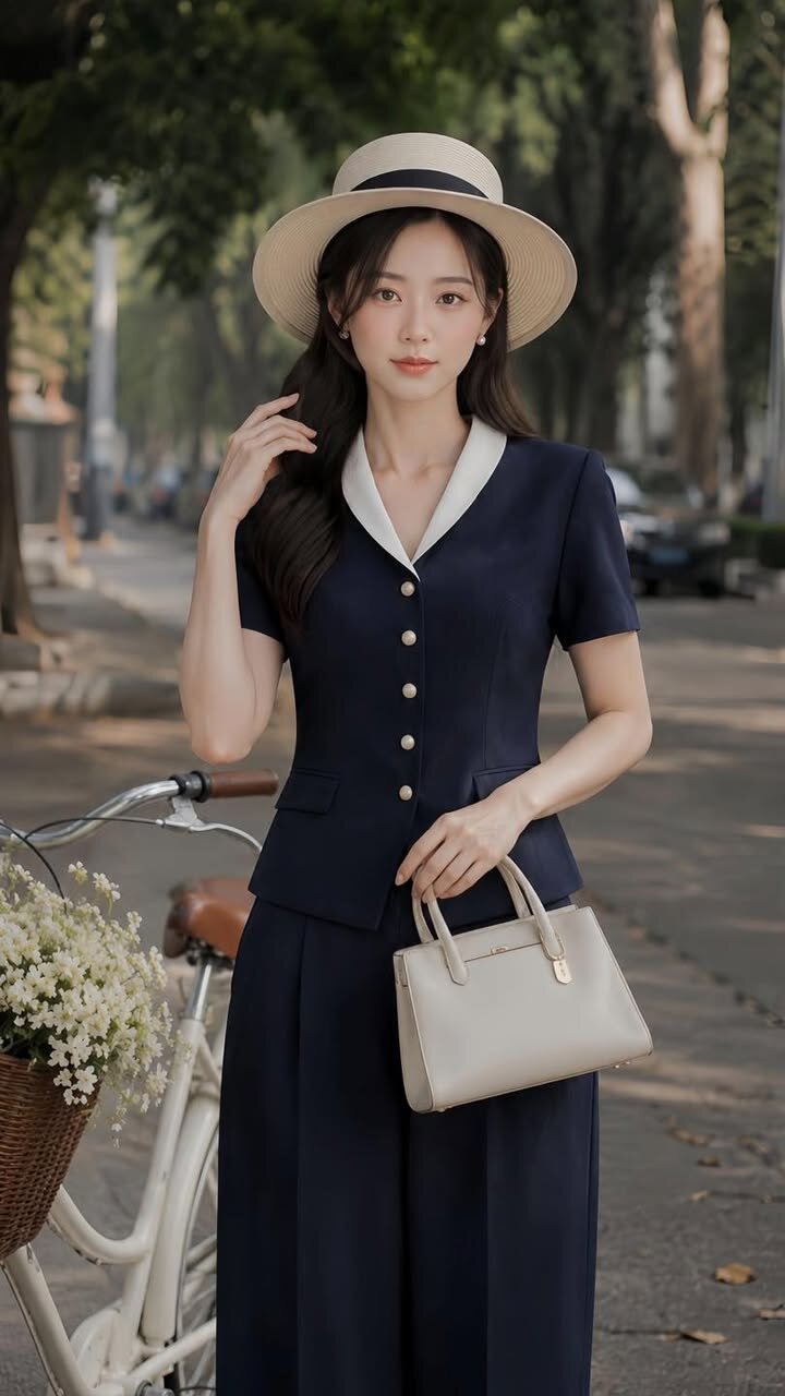 Sét áo cổ sen trắng & quần navy